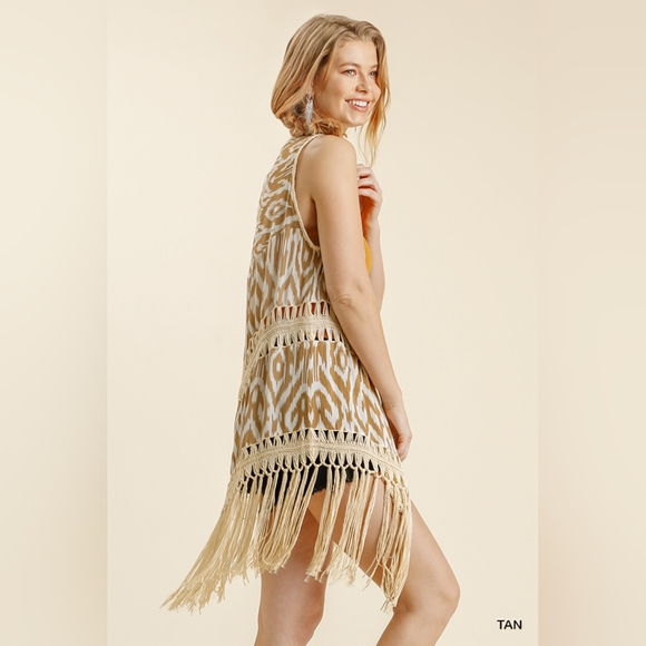 Open Front Duster Vest - Ikat Print Crochet Detail with Tassel Hem - S, M, L - Picture 3 of 8